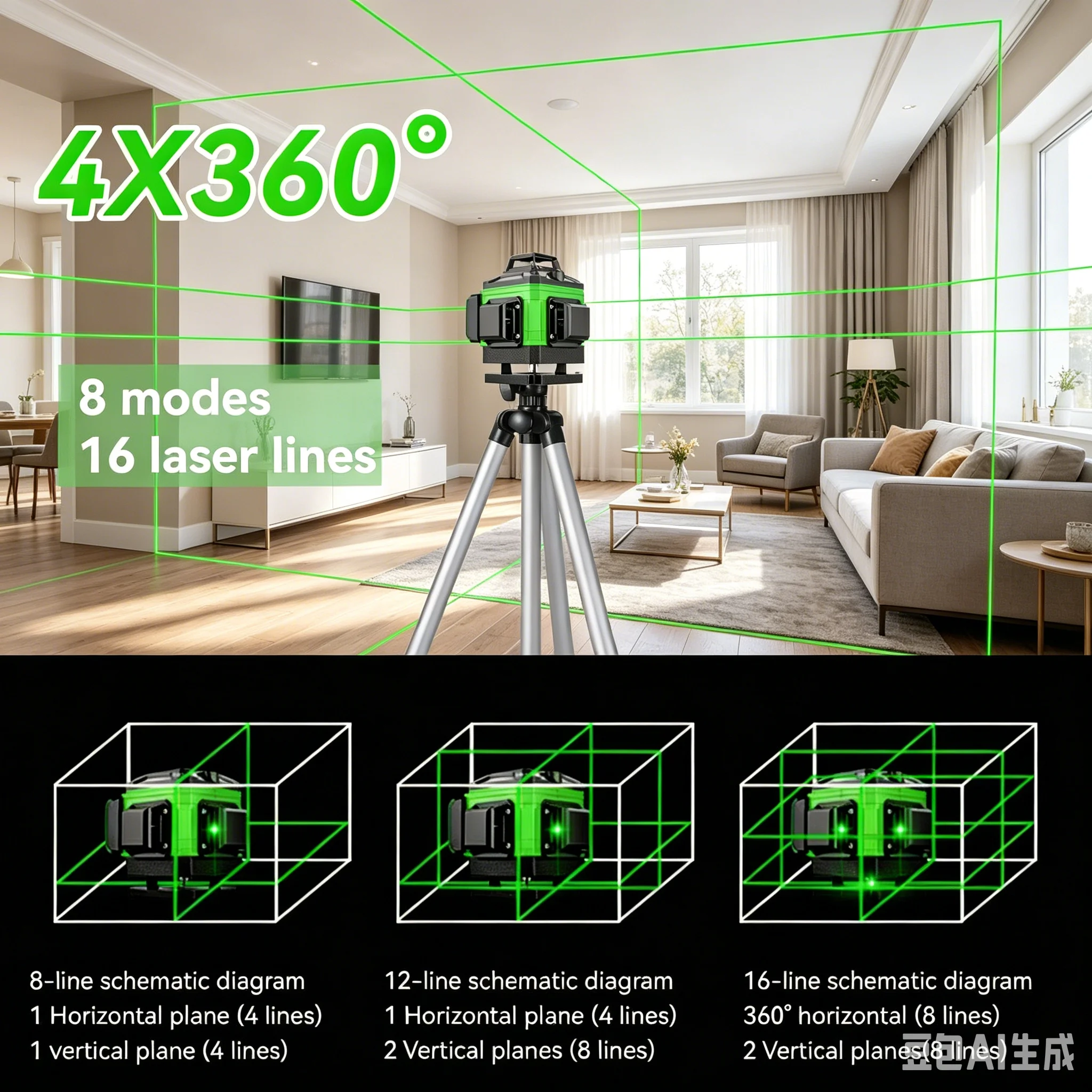3D/4D 12/16 Linien Laser-Nivelliergerät, 3 °   Selbstnivellierendes Laser-Messgerät mit wiederaufladbarem USB-Akku, vertikales und horizontales Laser-Messinstrument.