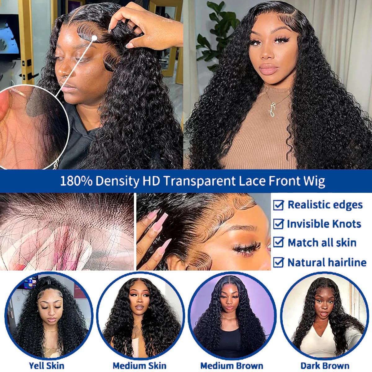 Wig renda depan gelombang dalam HD transparan 13x6 Wig rambut manusia Wig rambut manusia keriting dalam renda depan gelombang air ketebalan 180%