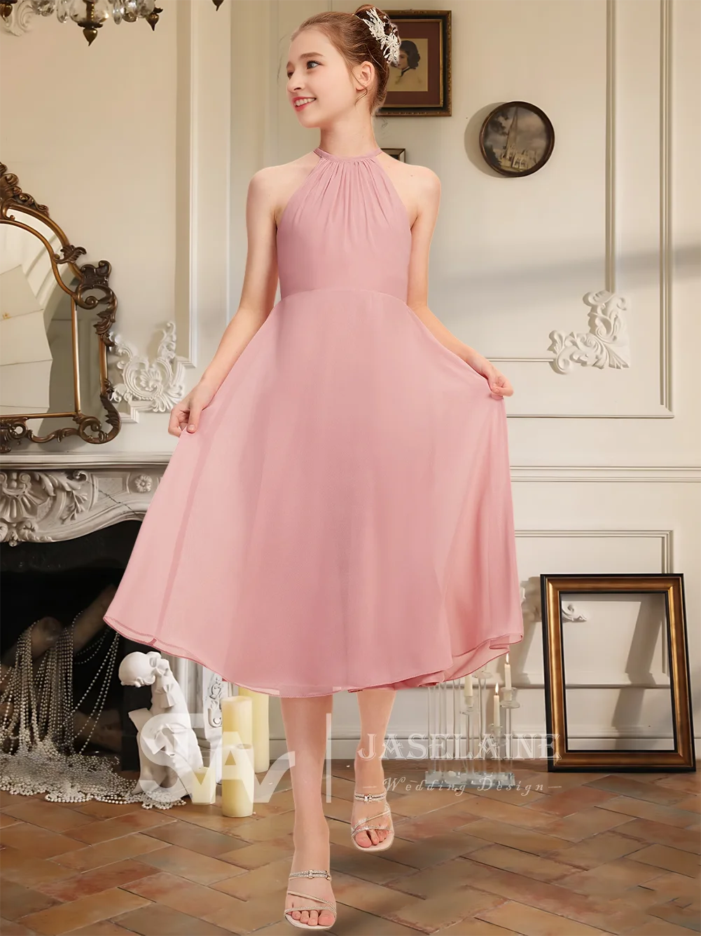 Blush A Line Halter Knee Length Chiffon Junior Bridesmaid Dress Sleeveless Back Zip Flower Girl Dress Wedding Party Formal