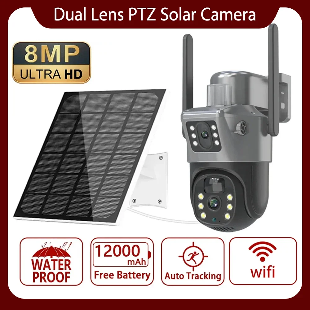 4K 8MP Dual Lens PTZ Solar Camera Dual screen PIR Human Tracking Outdoor WIFI Security CTV Surveillance IP Camera