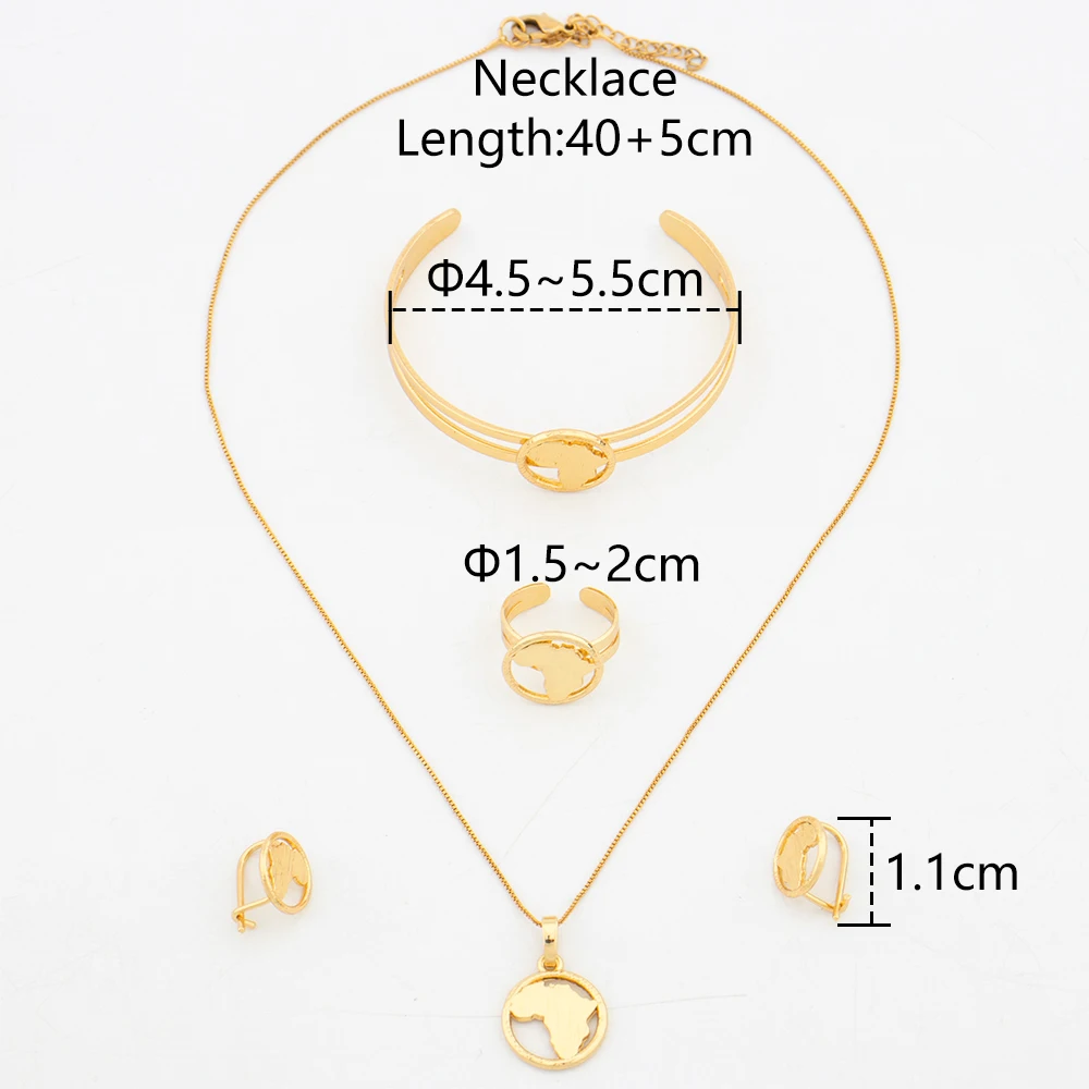 African Map Small 4PCS Jewelry Set Classic Gold Color Necklace Pendant Earrings Bangles Ring Copper Alloy Jewelry