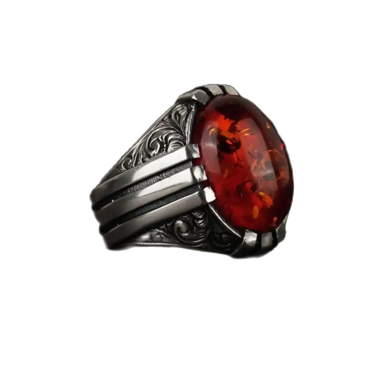 Red Amber Stone Fossil Men's Silver Ring, Sides Engraved Processing Ring, Gift for Him, Gift Jewelry for Lover, Fire Ring