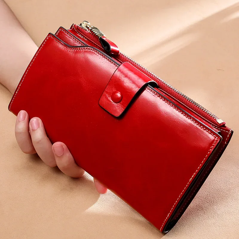 RFID Blocking Genuine Leather Women Wallet Long Lady Leather Purse Brand Design Luxury Oil Wax Leather Female Wallet Coin Purse — zdjęcie 2