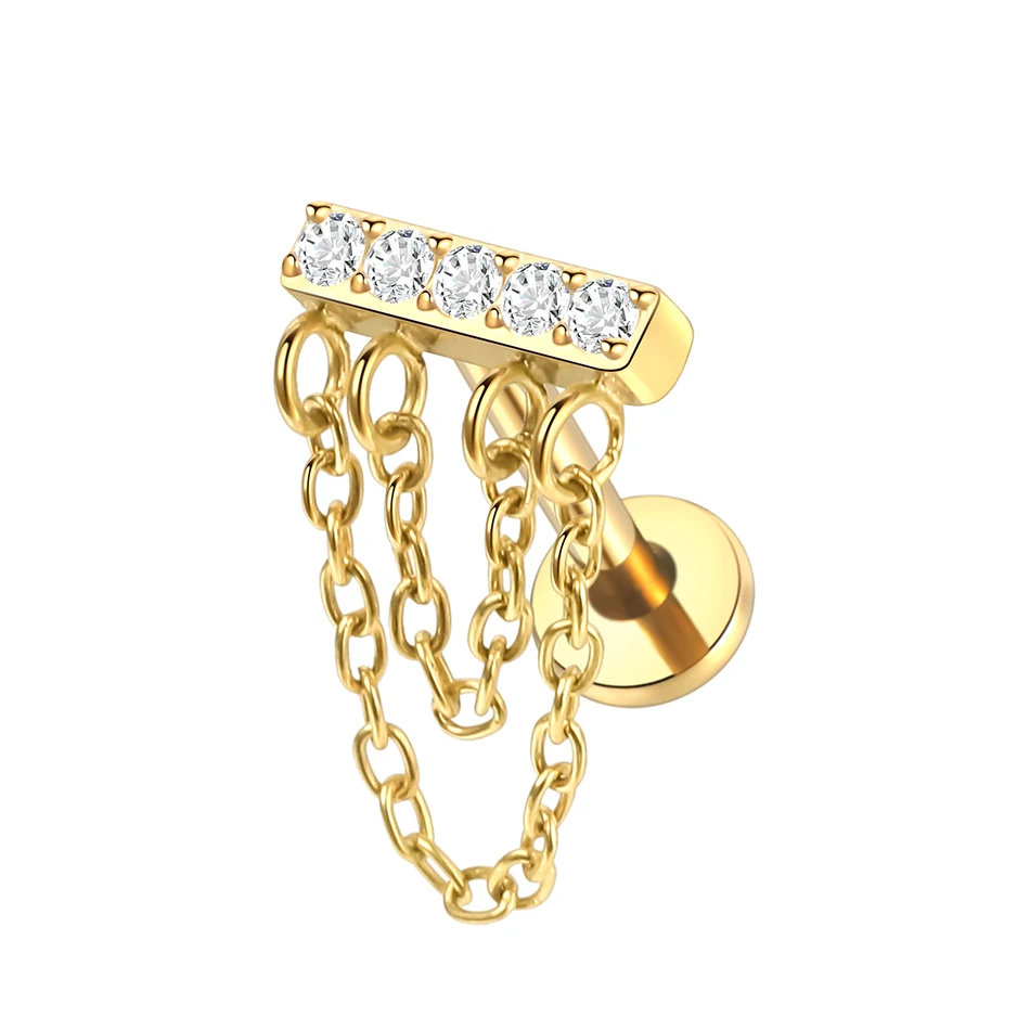 1 PC/5 Stuks Titanium Oorkraakbeen Oorbellen Interne Schroefdraad Piercings Verborgen Helix Stud CZ Drape Chain Flat Terug sieraden 16G