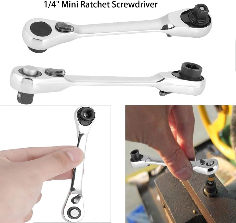 Mini chave de catraca de cabeça dupla 1/4 Polegada unidade soquete chave de fenda bit driver liberação rápida chave de catraca ferramenta manual