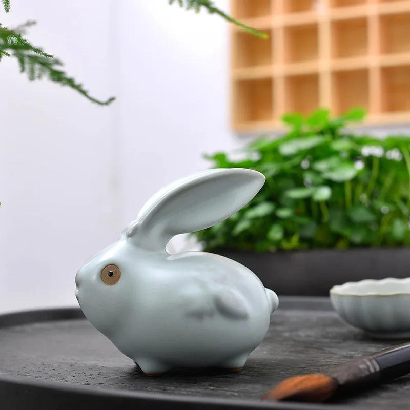 New Year Rabbit Tea Pet Ornaments, Fine and Cultivable Cracking Auspicious Sculptures, Ru Kiln Tea Sets, Tea Tray Ornaments