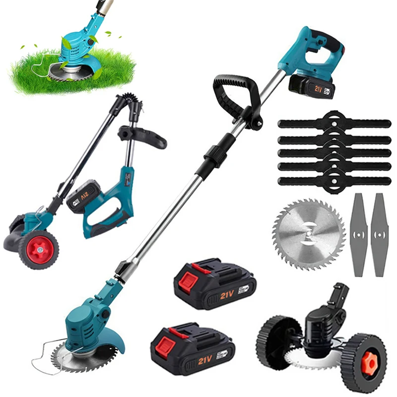 Tondeuse à gazon sans fil, tondeuse à gazon pliable 1800W, largeur de coupe 15cm, poignée télescopique 95-135cm, double batterie, pour batterie Makita 18V