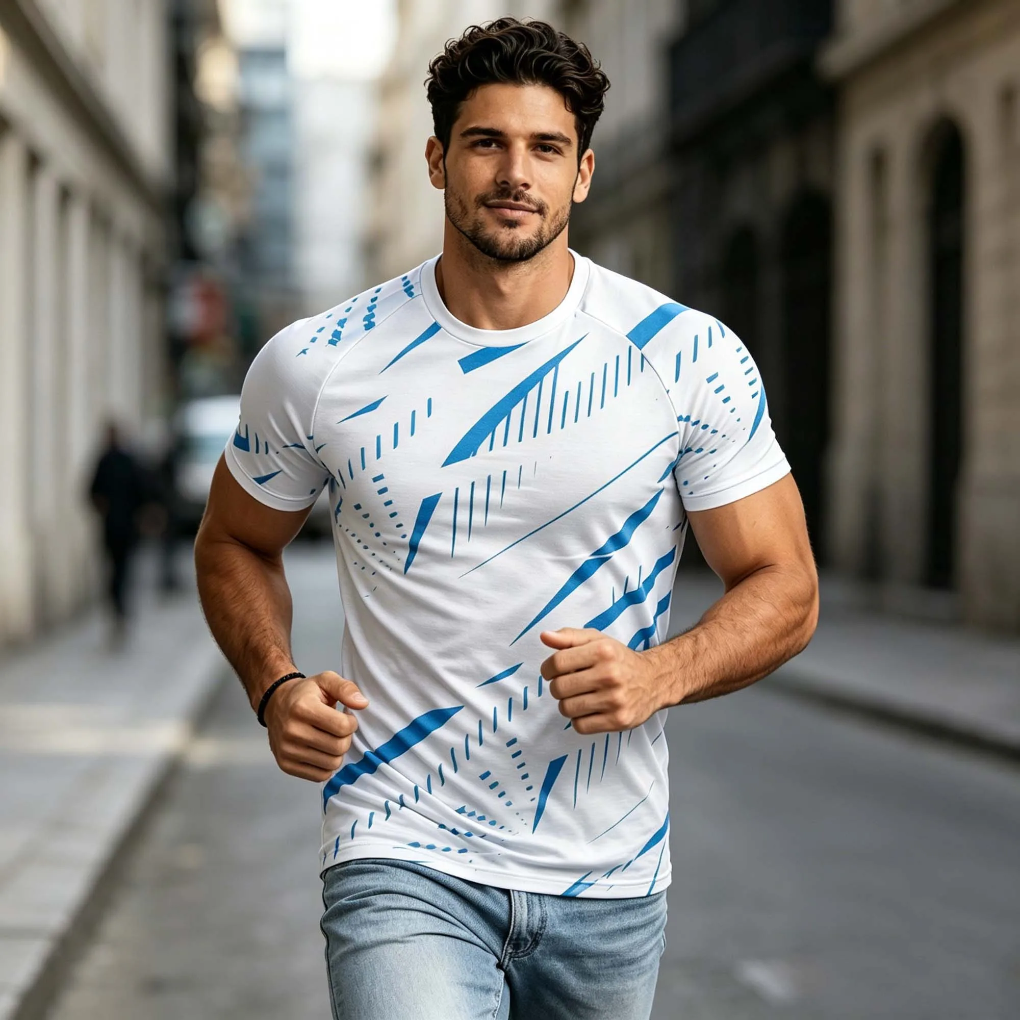 Herren Weiß-Blau Abstraktes Diagonales Linienmuster Schnelltrocknend T-Shirt Atmungsaktiv Dehnbar Kurzarm Rundhals Alltags- und Sport-T-Shirt