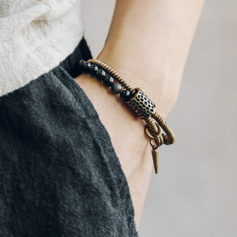 Black Obsidian Beads Bracelet Hammered Brass Two Row  Health Unisex Jewelry for Women Unique Handmade Personalized Bracelet
