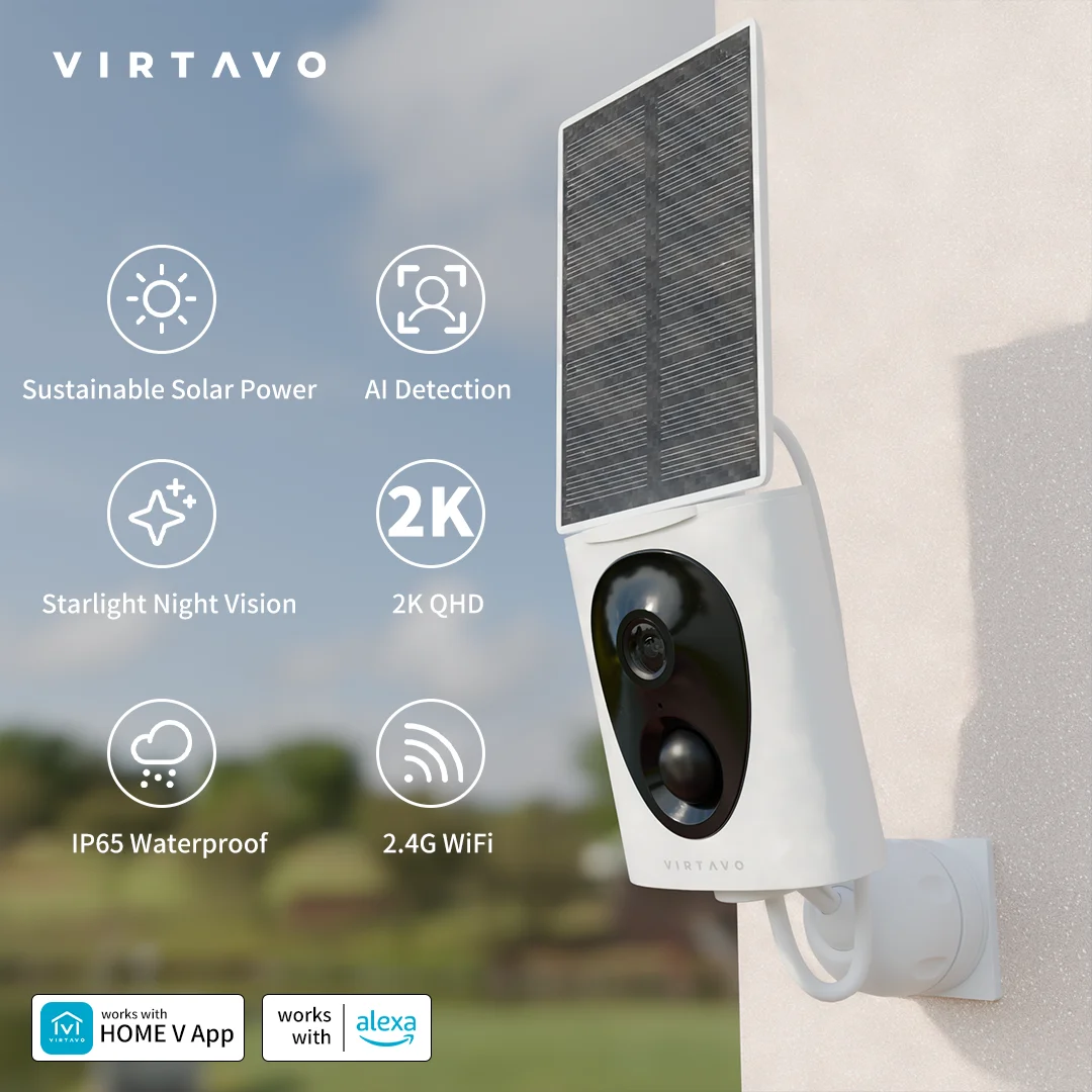 virtavo SolarFlask 2K Solar Security Cameras Wireless Outdoor, Starlight Lens, Color Night Vision, PIR Motion Detection, Battery