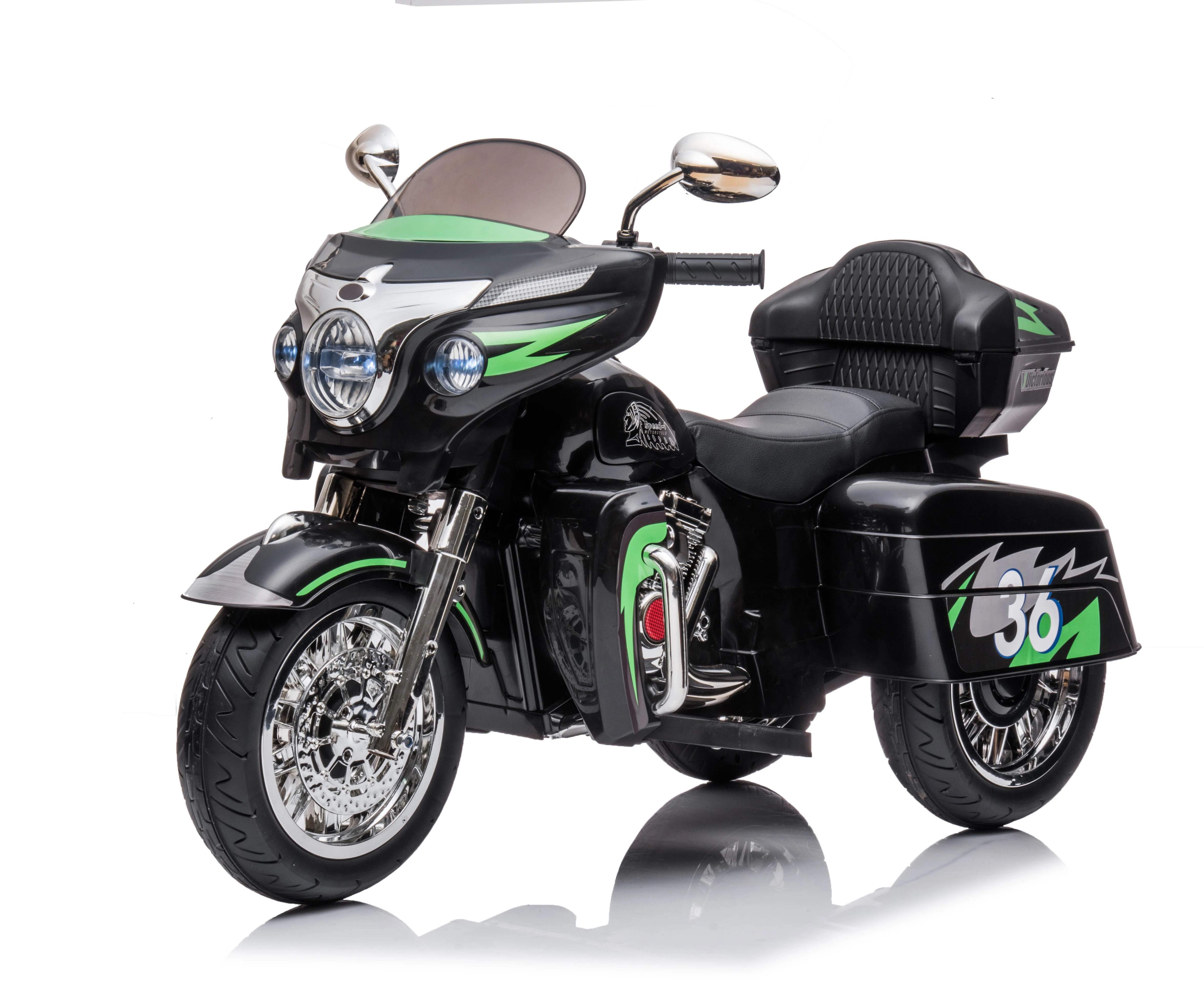

Kids Electric Motorcycle 12V 3 Wheels Two Seater - Ride On Motorbike with Key Start, Dual Motors, Headlight and Storage Box