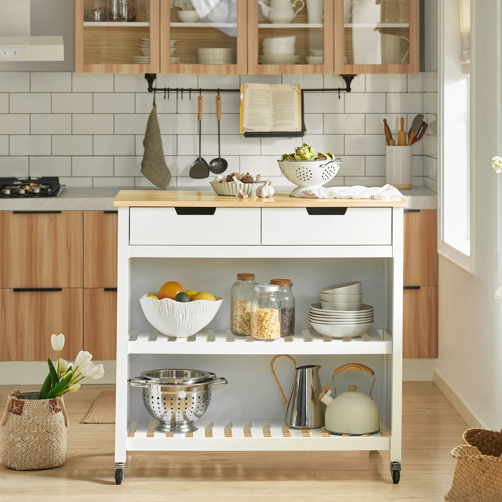 SoBuy FKW74-WN carrito para servir con carrito con ruedas, estante de cocina, estante de pie, cocina, blanco-natural, 98x94x58CM