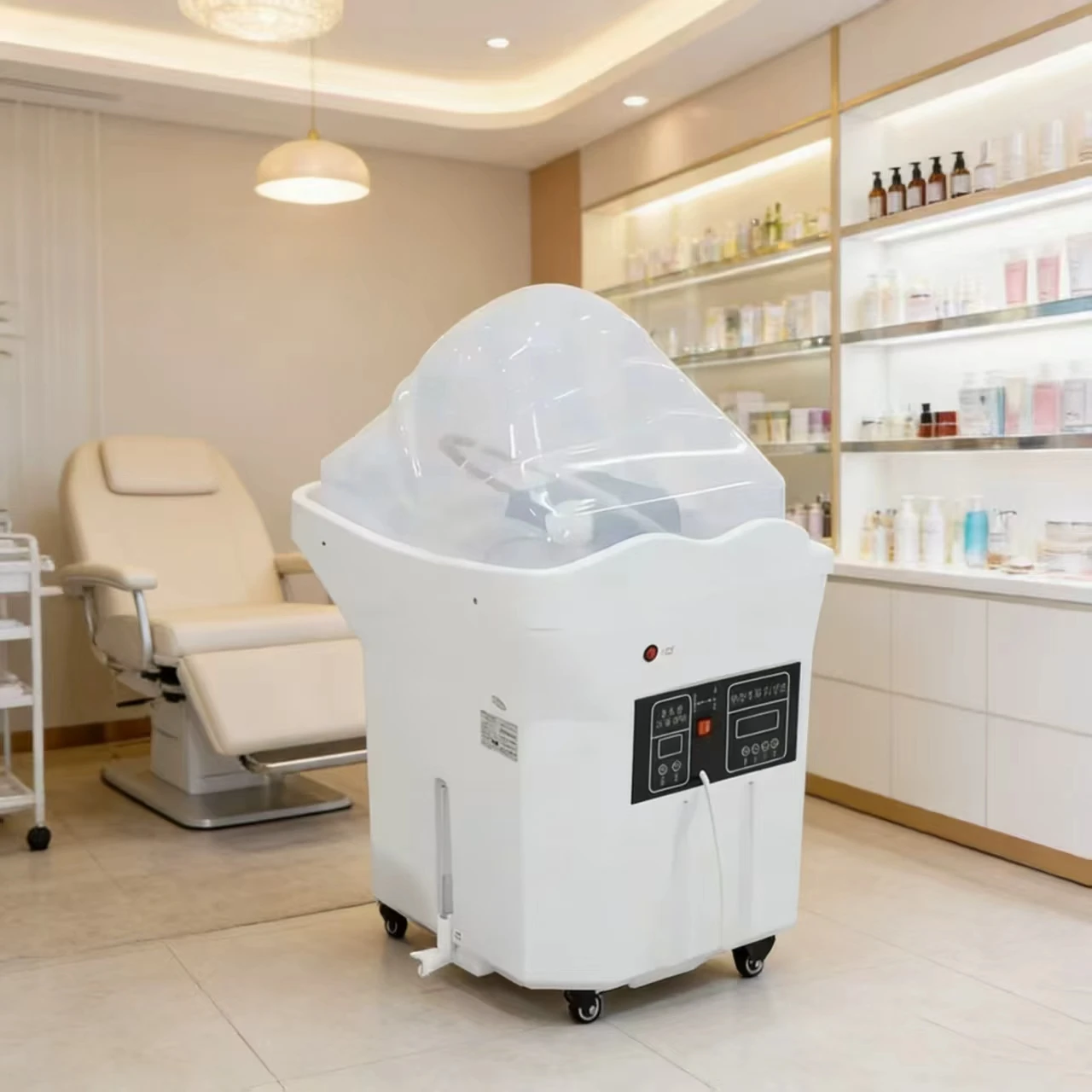 Japanese-style spa equipment. Detachable head spa unit with water circulation arc pipes and steam function, suitable for use on a sofa.