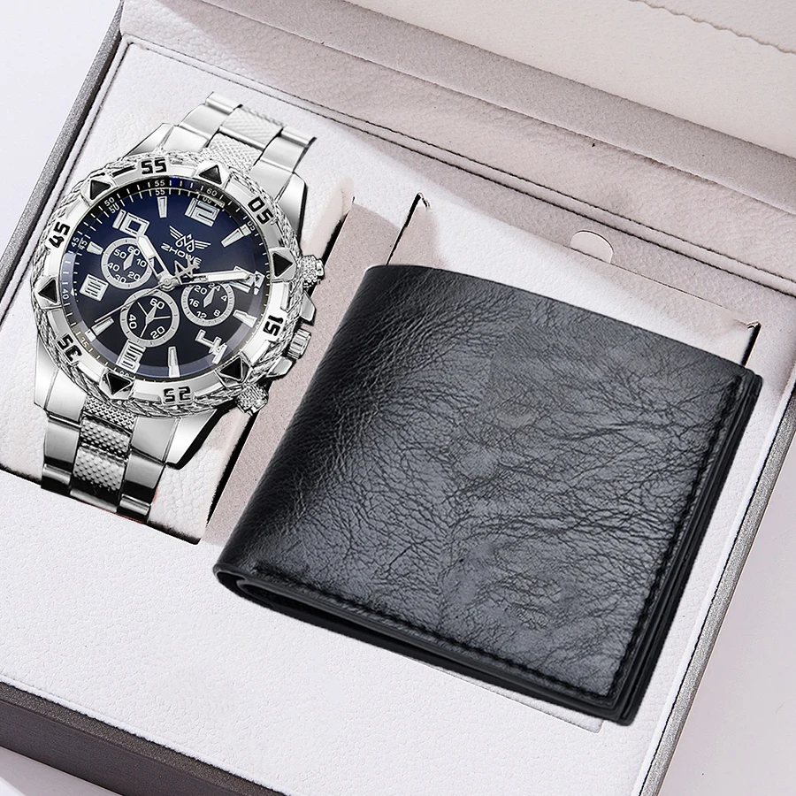 【Free Wallet】 2PCS Men Watch Sets Men's Causal Sport  Alloy Quartz Watch Gift Sets