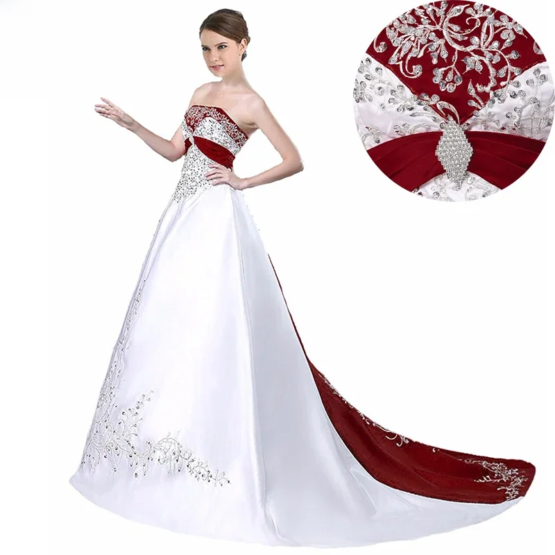 Elegancka haftowana linia Suknia Ślubna 2022 fioletowa burgundowa satynowa zroszony Boda Vestidos De Novia Vintage Suknia Ślubna Trouwjurk — zdjęcie 2