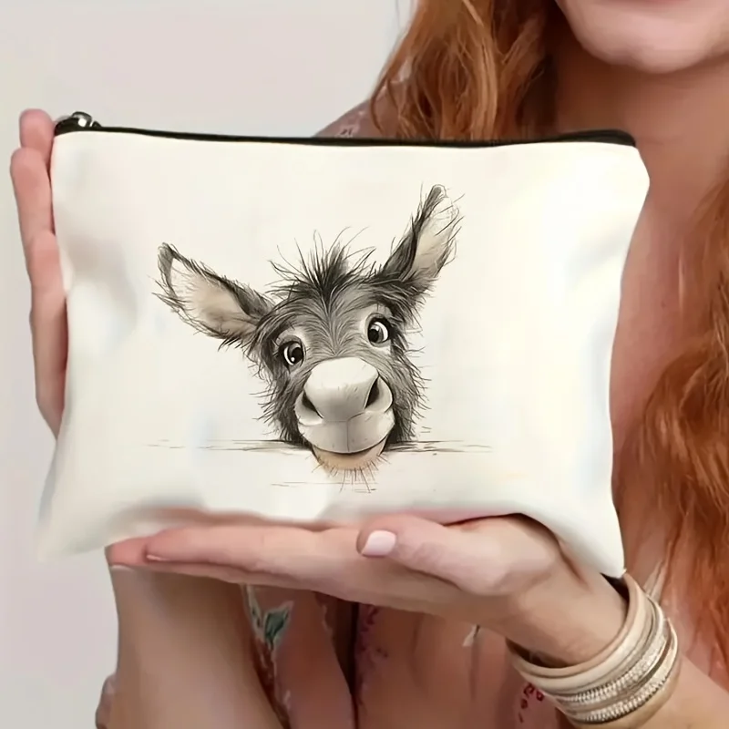 1Pc Cute Donkey Retro Design Makeup Bag, Snack Storage Bag, Stationery Storage Bag, Fashionable Toiletry Bag, Canvas Double-Sided Printed Travel Bag