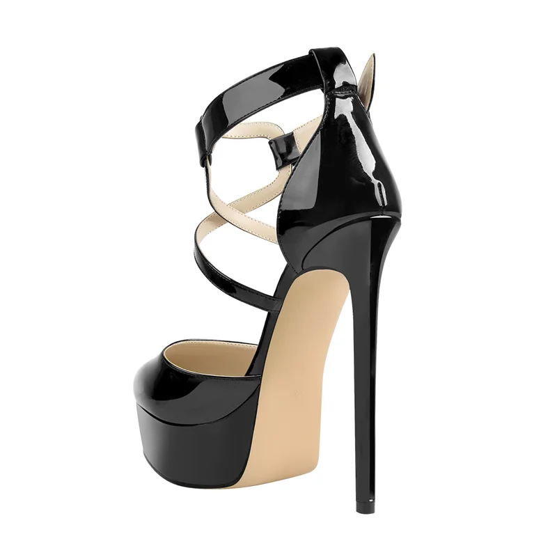 Onlymaker Women Platform Pointed Toe Black Patent Leather Thin High Heels Criss Cross Buckle Strap Big Size Shoes