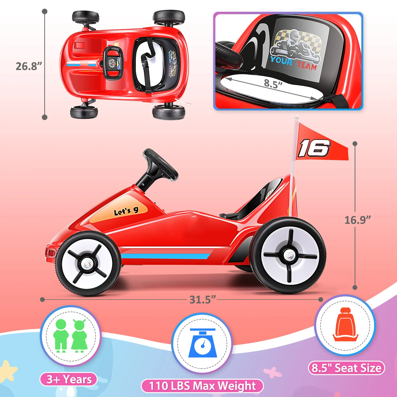 Vai Kart passeio elétrico portátil no carro de corrida, criança brinquedo, montagem rápida carro brinquedo, luzes coloridas piscando, 2 velocidades, 12V