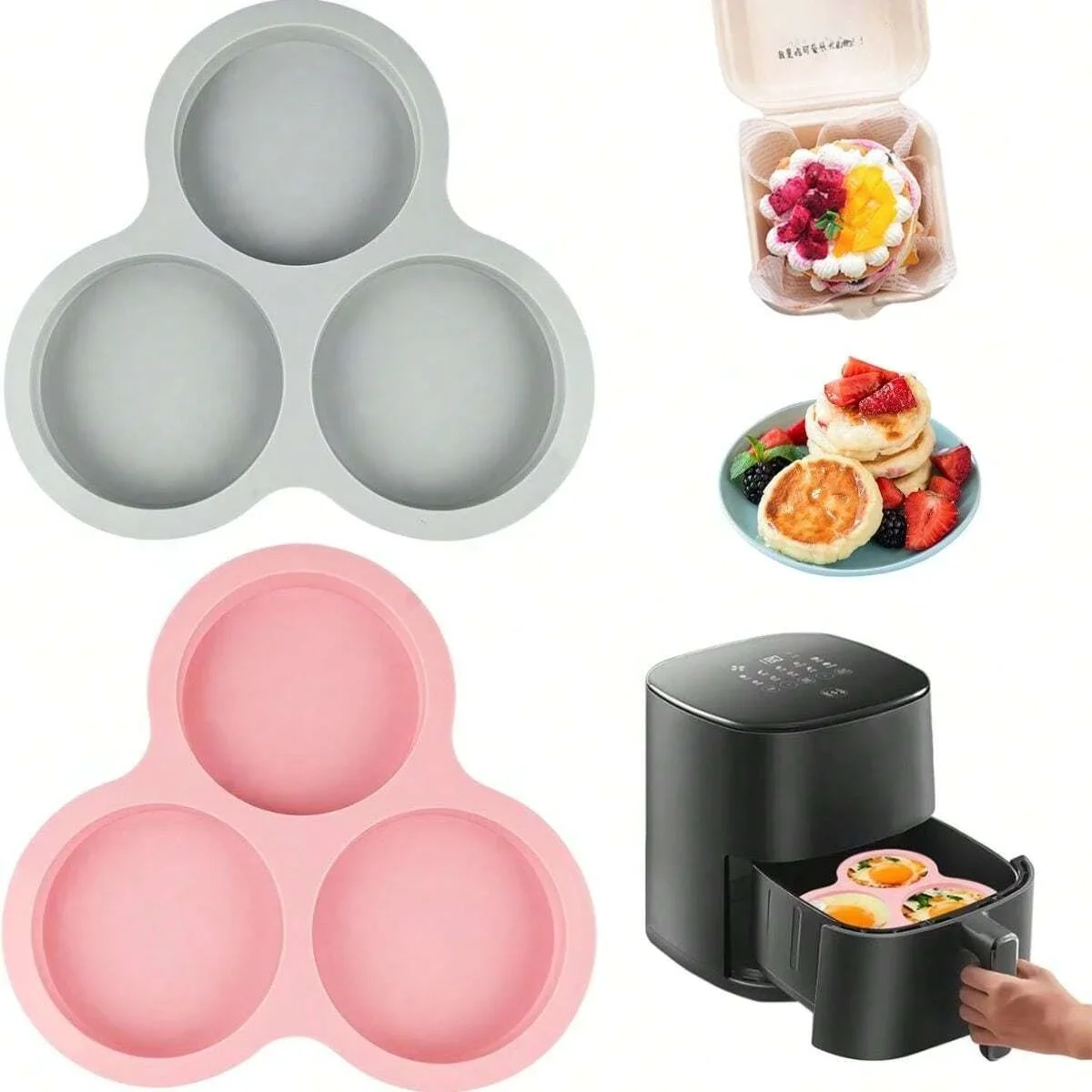 Moule à œufs en Silicone pour friteuse à Air, 3 cavités, pour friteuse à Air, forme ronde, Cupcake, antiadhésif, Muffin, poêle à Hamburger, bricolage, cuisson Ba