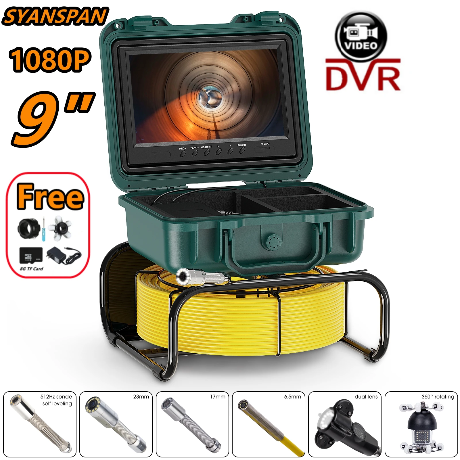 

9" HD Screen DVR 16GB IP68 20/30/50M SYANSPAN Pipe Inspection Camera 23mm/17mm/6.5mm Drain Sewer Pipeline Industrial Endoscope