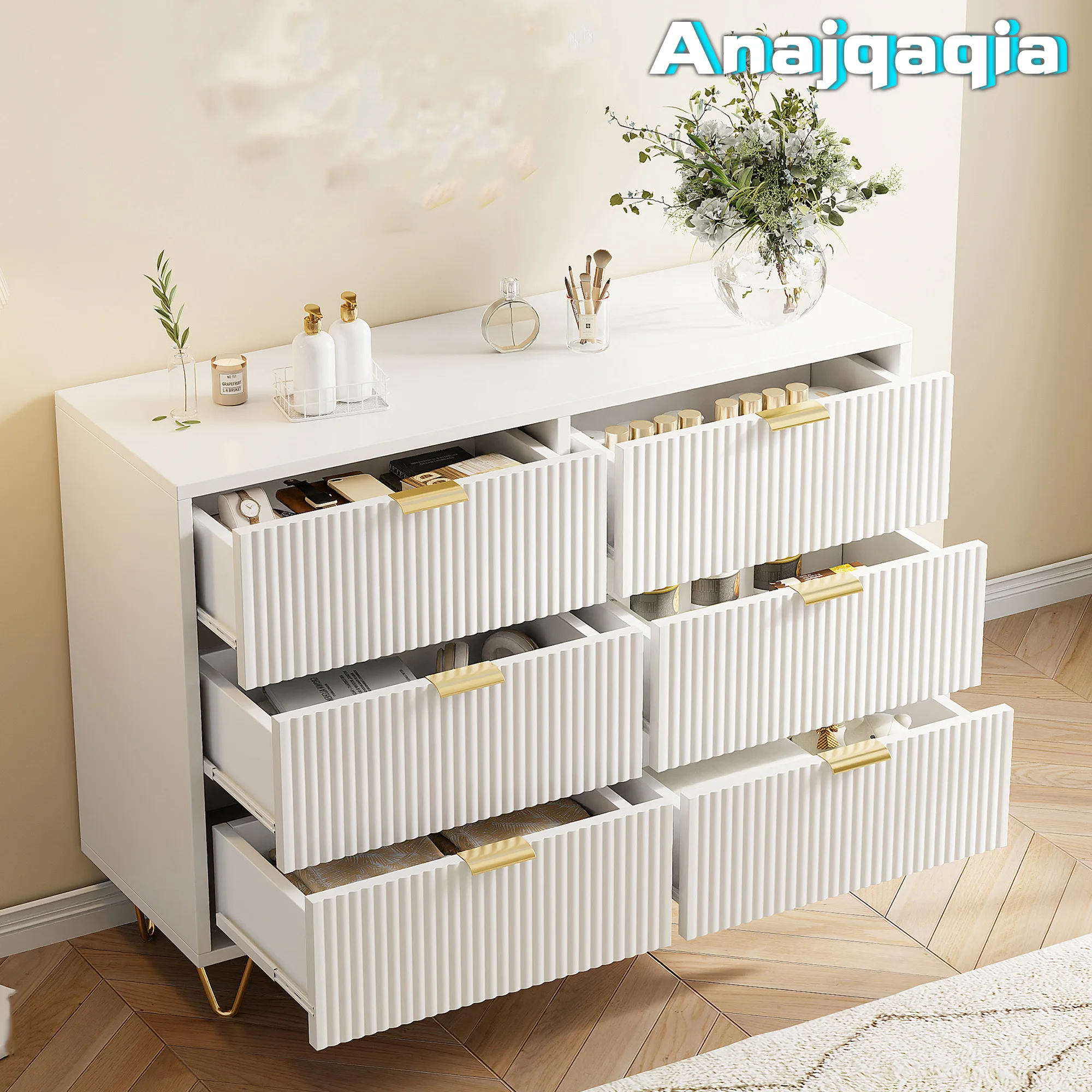Anajqaqia Kommode mit 4/6 Schubladen, Aufbewahrungsschrank mit Metallgriffen und Beinen, Sideboard für Wohnzimmer, Schlafzimmer, Weiß