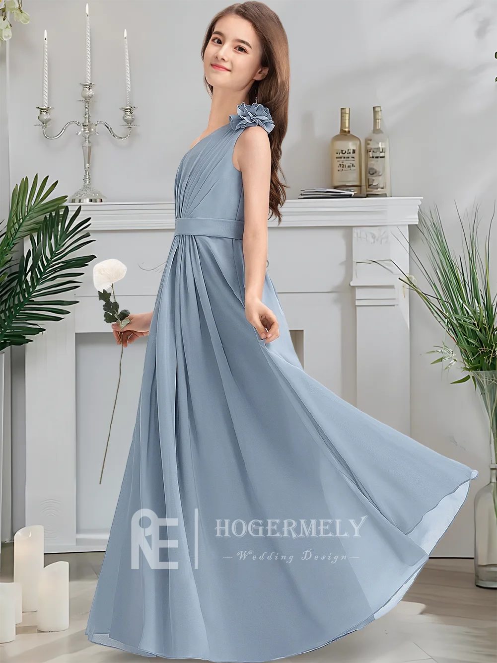 

B Blue A Line One Shoulder Junior Bridesmaid Dress Flower Girl Dress Chiffon Floor Length Perfect For Girls Party Wear