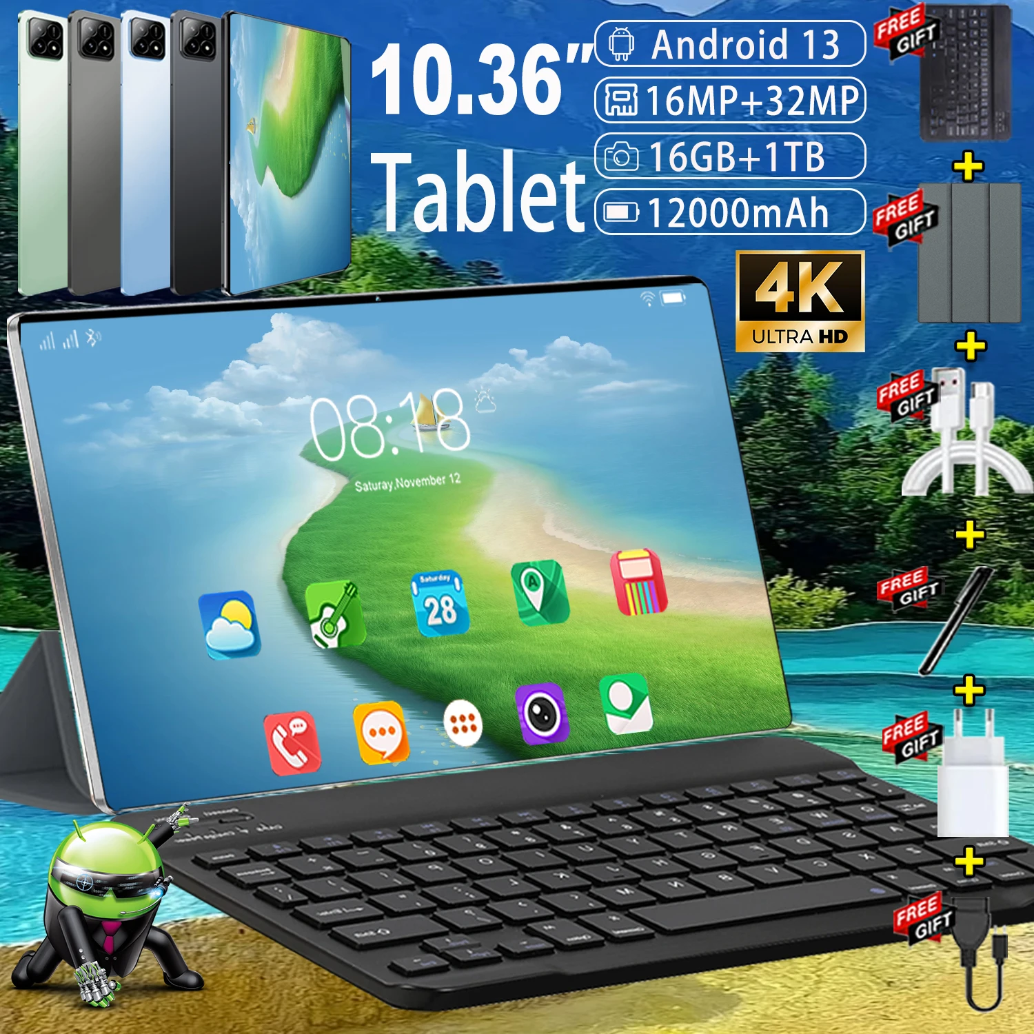 2026 5G Tablet Pad Pro6 Android 13.0 Brand New 10.36 inch Tablet 16MP 48MP 12000mAh 10Core WIFI 16GB RAM 1TB ROM Network Tablet