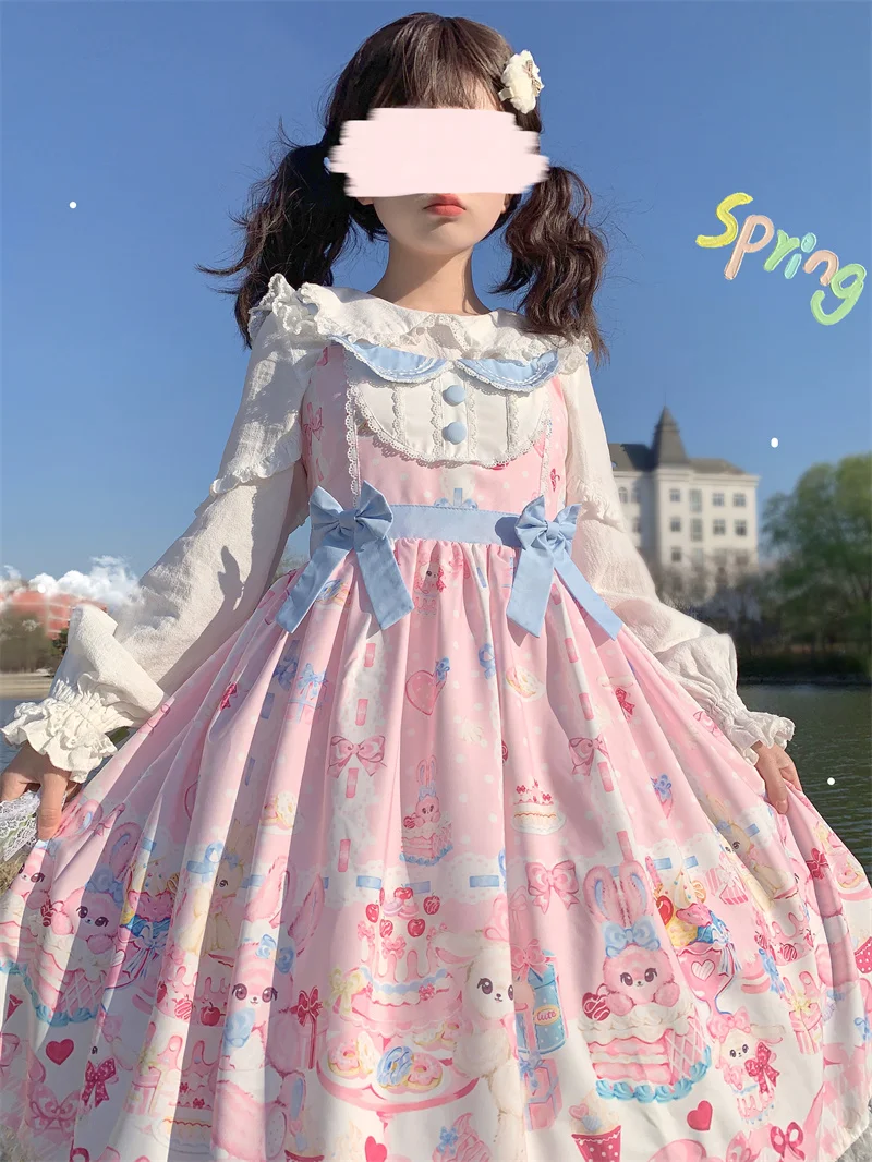 

Kawaii Princess Jsk Sweet Lolita Lace Dress Cartoon Print Bow Sleeveless Girly Party Suspender Loli Dresses