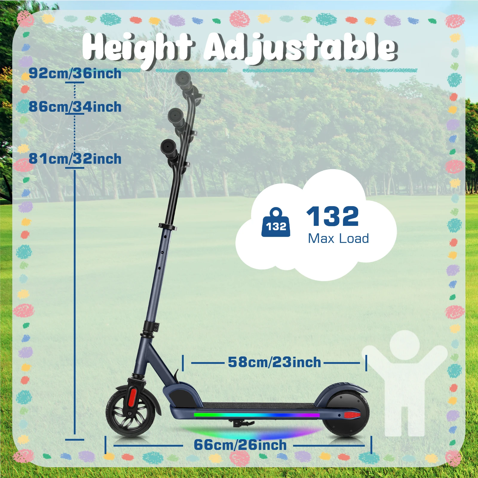 سكوتر كهربائي للأطفال الذين تتراوح أعمارهم بين 6-12 150 وات محرك 10 ميلا في الساعة السرعة القصوى و7 أميال أضواء ملونة قابلة للتعديل الارتفاع والسرعة شاشة LED #2