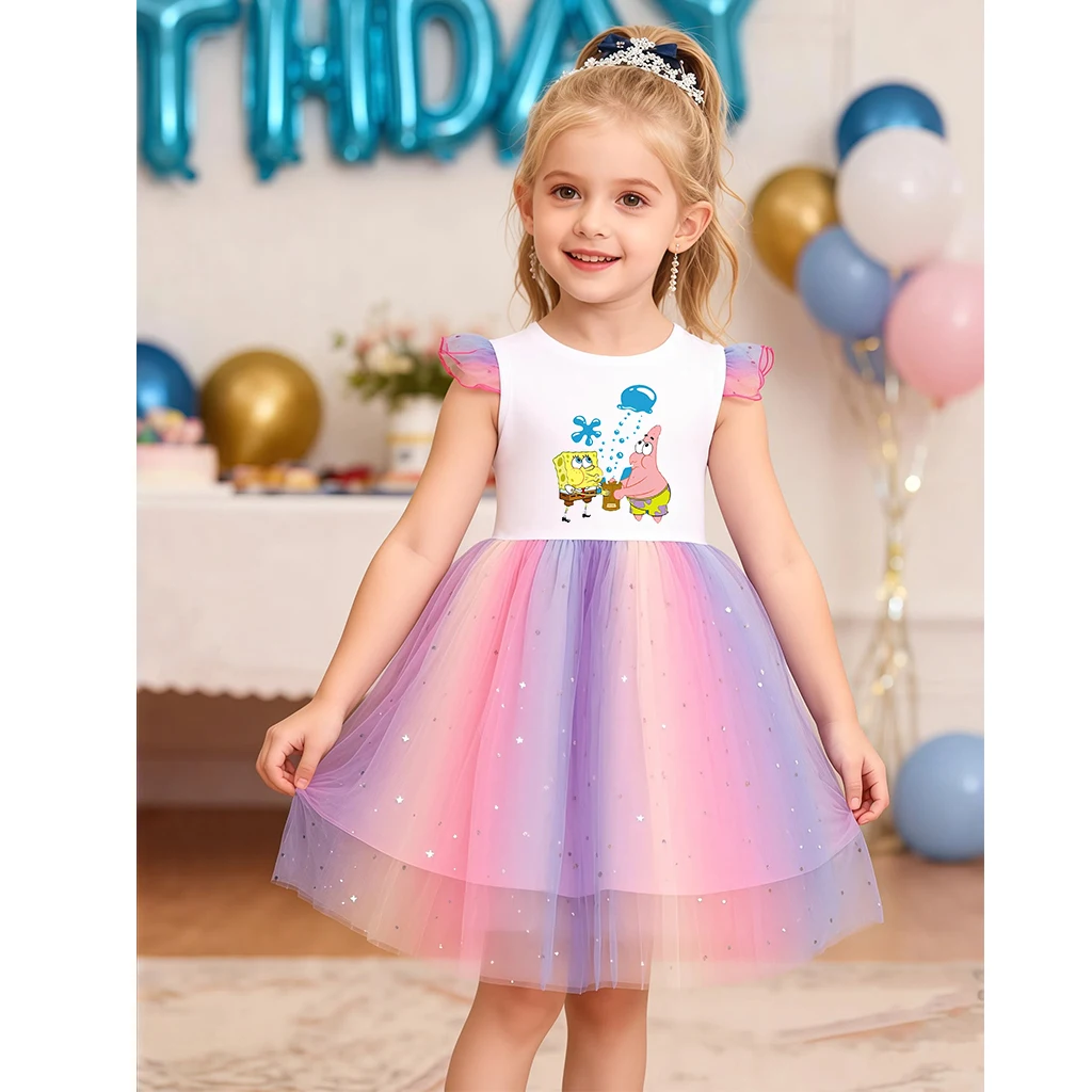 스폰지밥 만화 의류 여름 어린이 드레스 소녀용 만화 반팔 공주 드레스 어린이 프로모션 메쉬 드레스