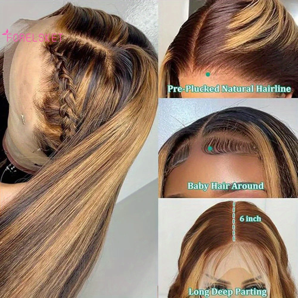 Peruca transparente do fechamento do laço para mulheres, cabelo humano longo, perucas retas, densidade de 180%, destaque, P4, 27 cores, 13*4, 16-30"