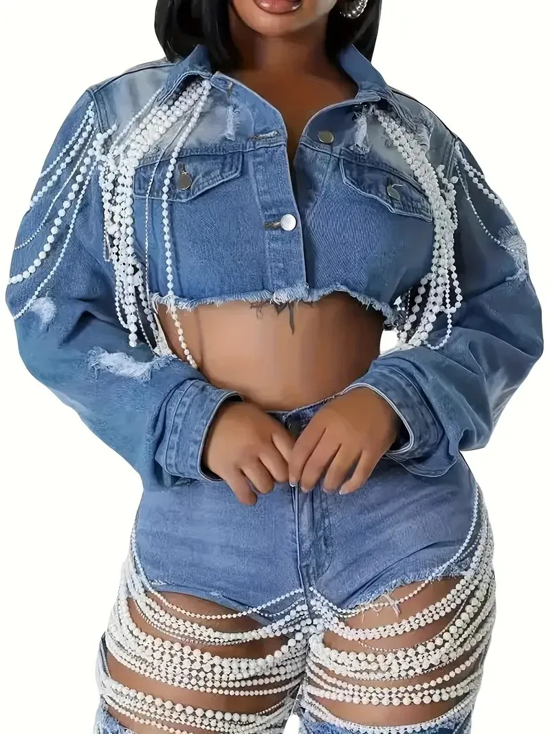 【HME】Ptorlio デニムジャケット レディース クロップドパール ブルー ジージャンジャケット トレンディショートコート クラブウェア ティーザー クロップドデニムジャケット