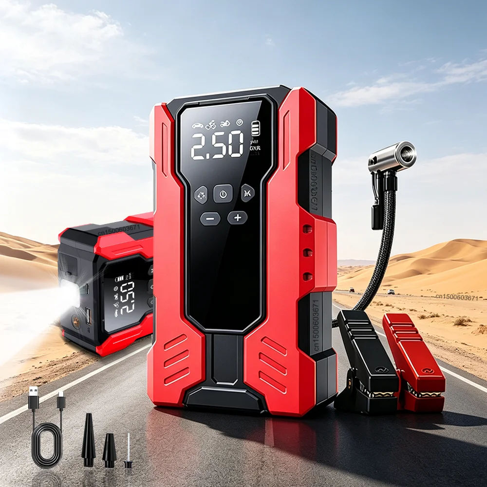 Image of 3200A Auto-Starthilfegerät 12V Autobatterie-Starter Tragbare Powerbank mit Luftkompressor Luftpumpe Autobatterie-Booster Leistungsstarker Reifenfüller 8000mAh Auto-Startgerät mit LED-Taschenlampe