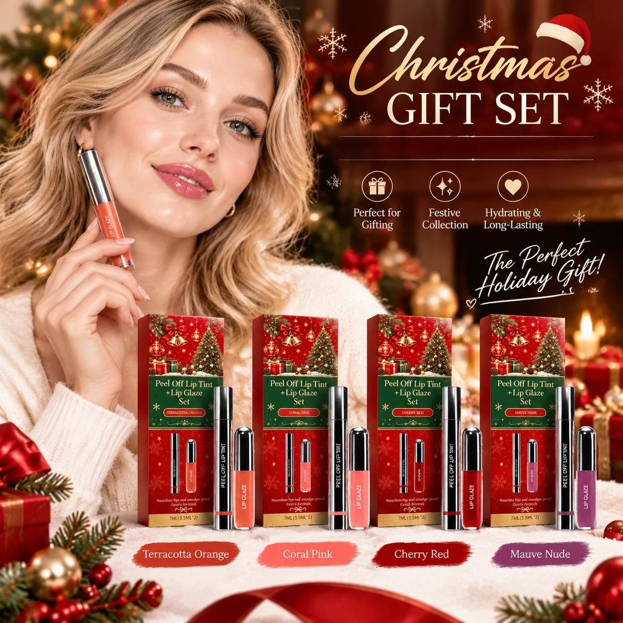 Christmas Limited Lip Makeup Set Matte Glossy Peel off Lip Tint Non-stick Cup Smudge Proof Long Lasting Holiday Beauty Box Set