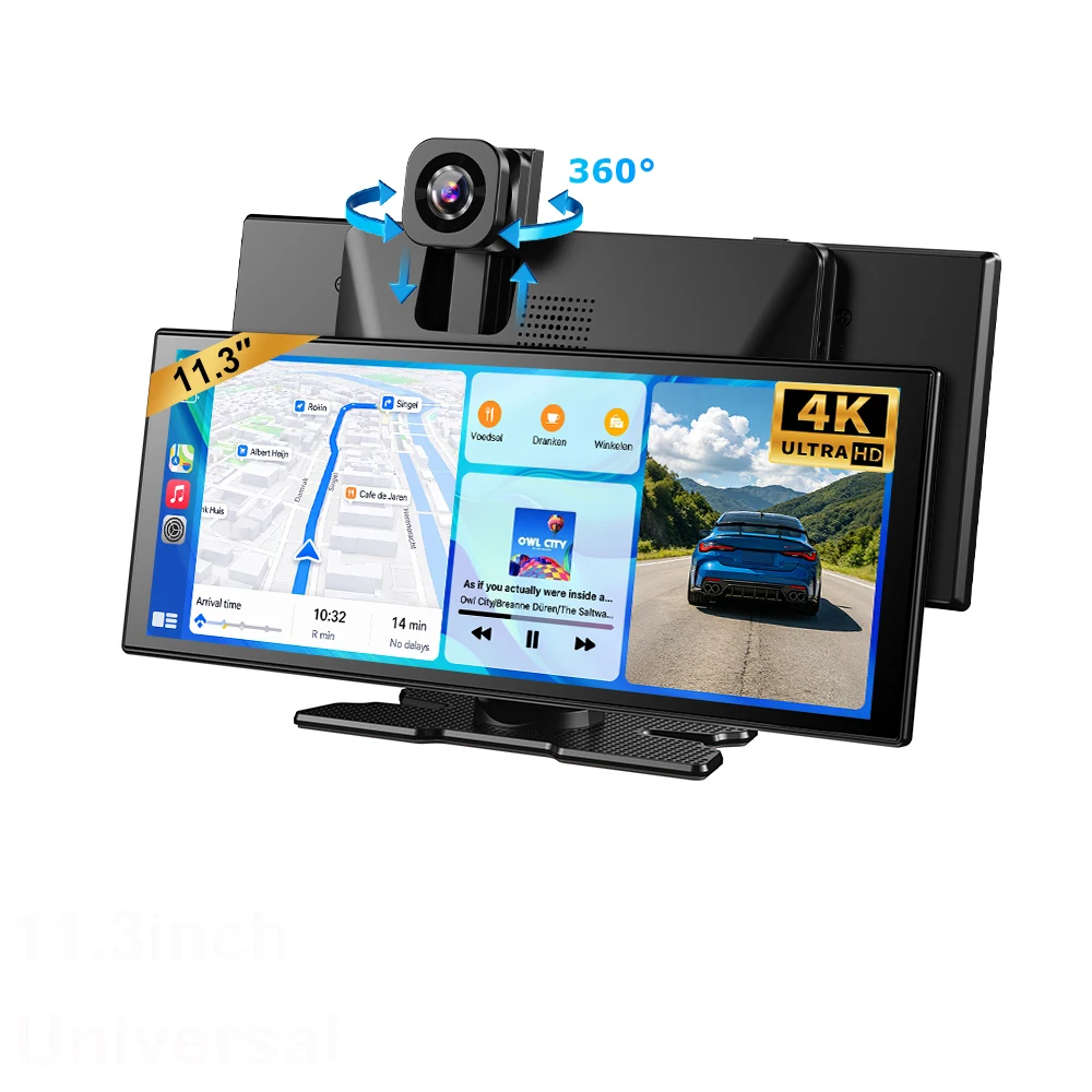 ESSGOO 11.3" 4K+1080P Universelles Carplay Tragbares Wireless CarPlay Android Auto Dualobjektiv-Fahrtenrekorder und Rückfahrkamera Nachtsicht WiFi GPS-Navigation Videorekorder FM BT5.3 AUX Mirror Link