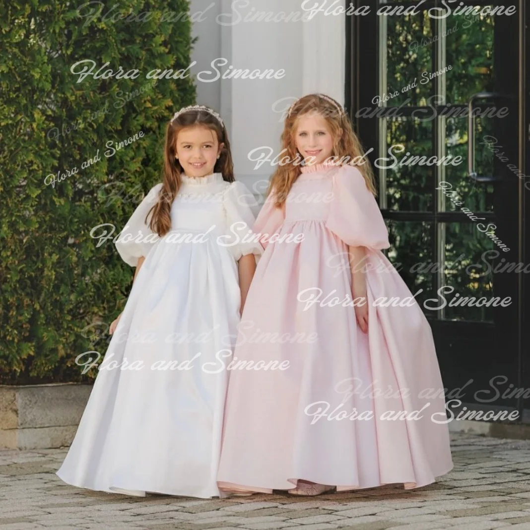 Customized Girl Gown Puff Sleeves Turtleneck Elegant Flower Girl Dress for Wedding Ceremonies Formal Receptions Holiday Parties