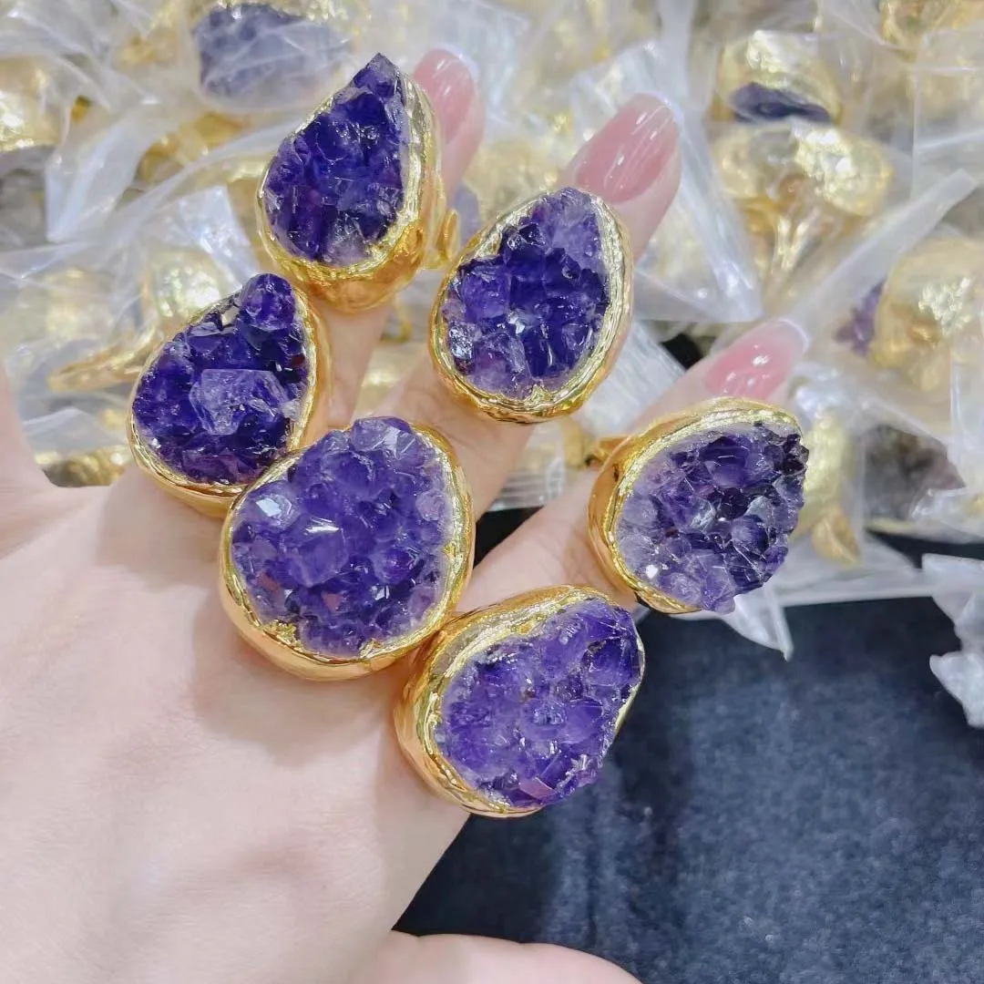 2022 New Amethyst Drusy Ring Natural Crystal Ring 3pcs Can Adjustable