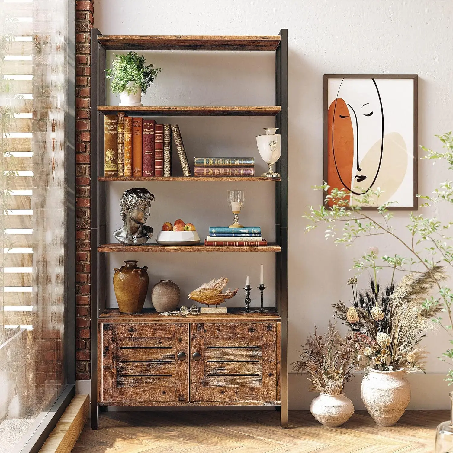 IRONCK Industrial Bookshelf and Bookcase with 2 Louvered Doors and 4 Shelves, Standing Storage Cabinet , Vintage Brown