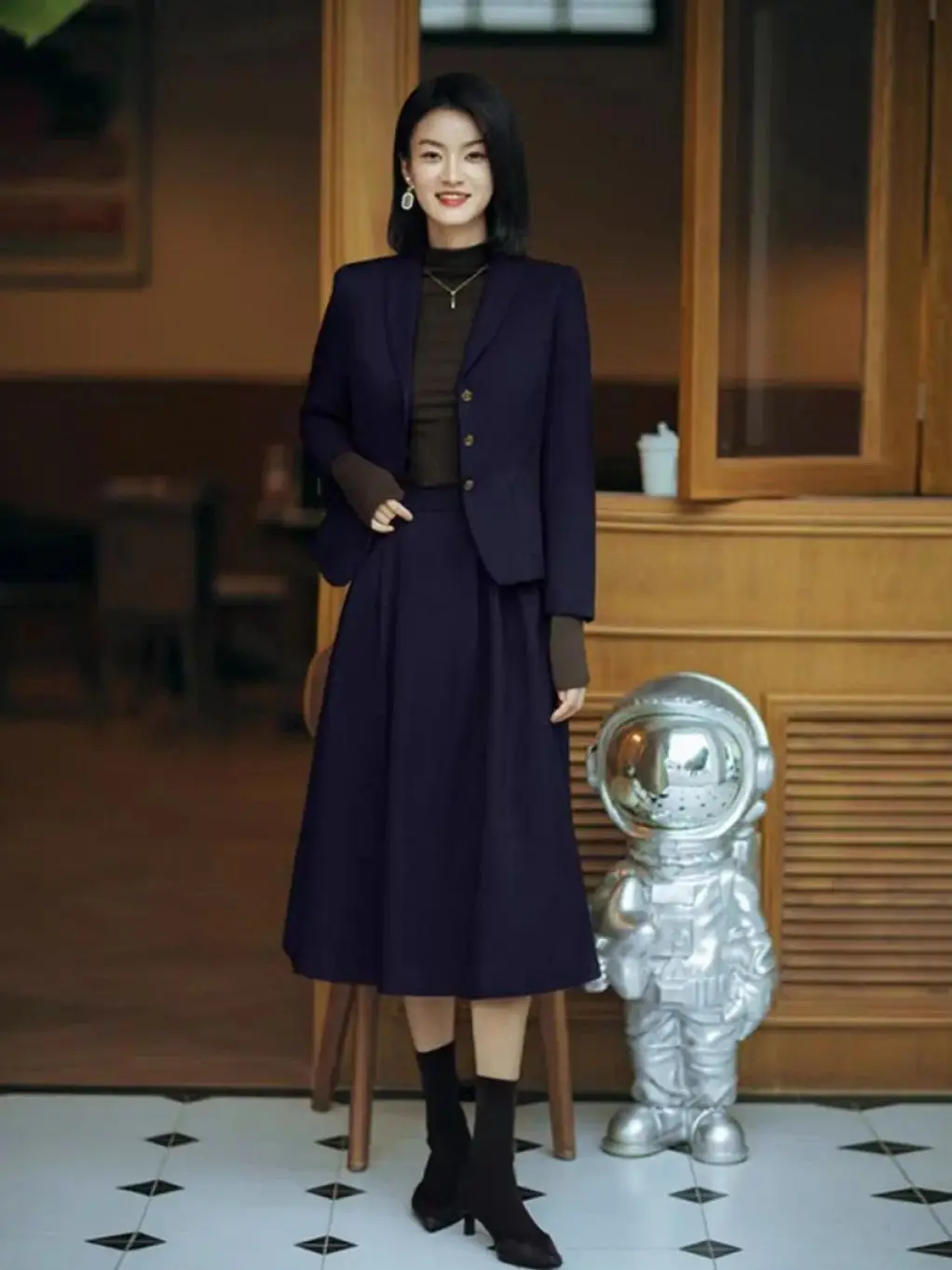 Autumn elegant women's office style solid color belt decorated wool skirt suit