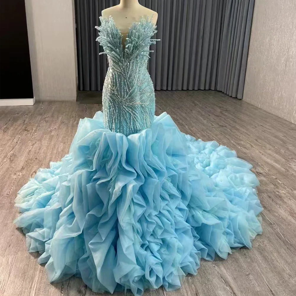 

Синее кружевное вечернее платье без рукавов с сердечком и бисером, длинные оборки для женщин, для особых случаев, гала-вечеринка, Vestido De Gala