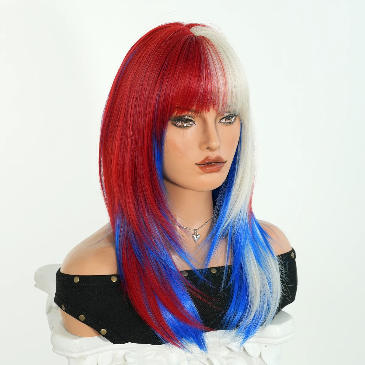 World Cup Wig Shoulder Length Straight Red Ombre Blue Wig for Women Synthetic Football Fan Hair Soccer Party Wigs with Neat Bang - view 2