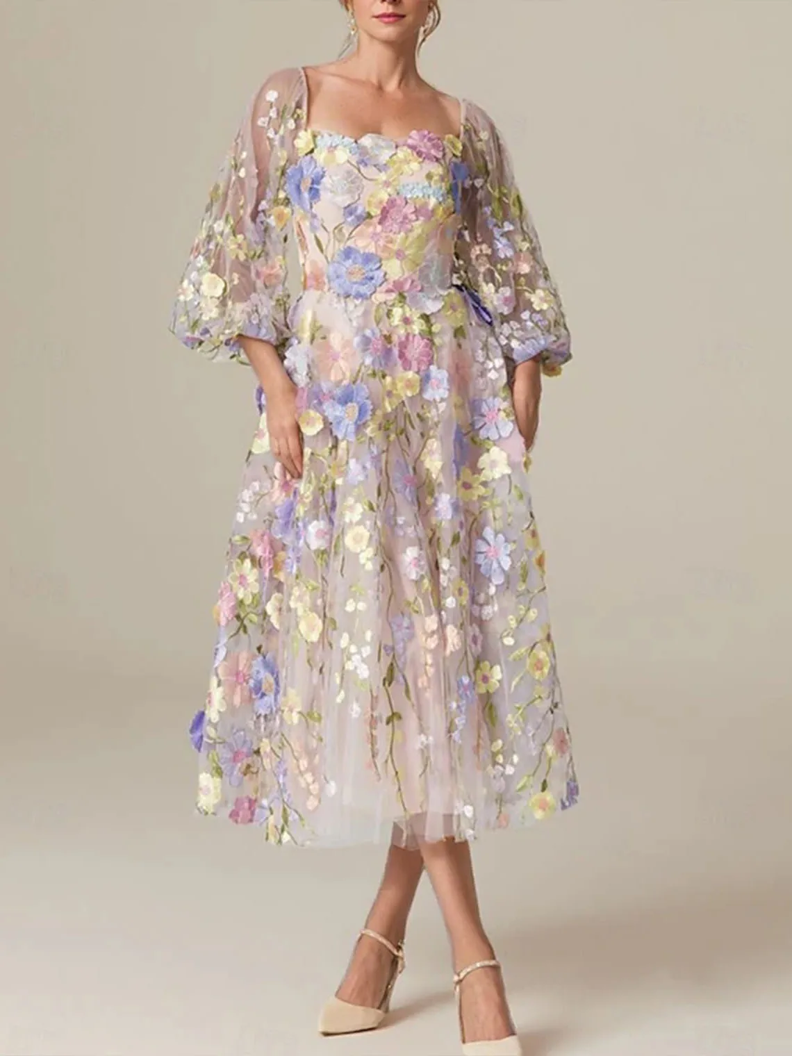 

Elegant Vintage Tulle A-Line Ankle Length Wedding Bride Dress Square Neck Flower Embroidery Appliques 2025 Free Customized