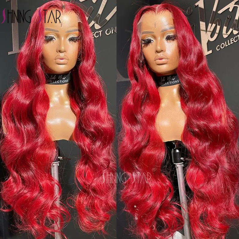 

30 32Inch Brazilian Red 13x4 HD Lace Front Human Hair Wigs 180% Red Color Transparent body wave curly Lace Frontal Wig For Women