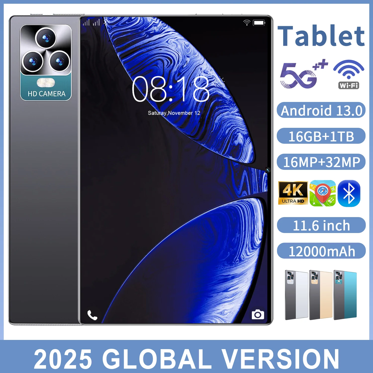 2025 New 5G Tablet 11.6 inch Android 13.0 Phablet MTK6797 16GB RAM 1TB ROM Tablet PC Dual Cameras Dual sim card Wifi Type-c