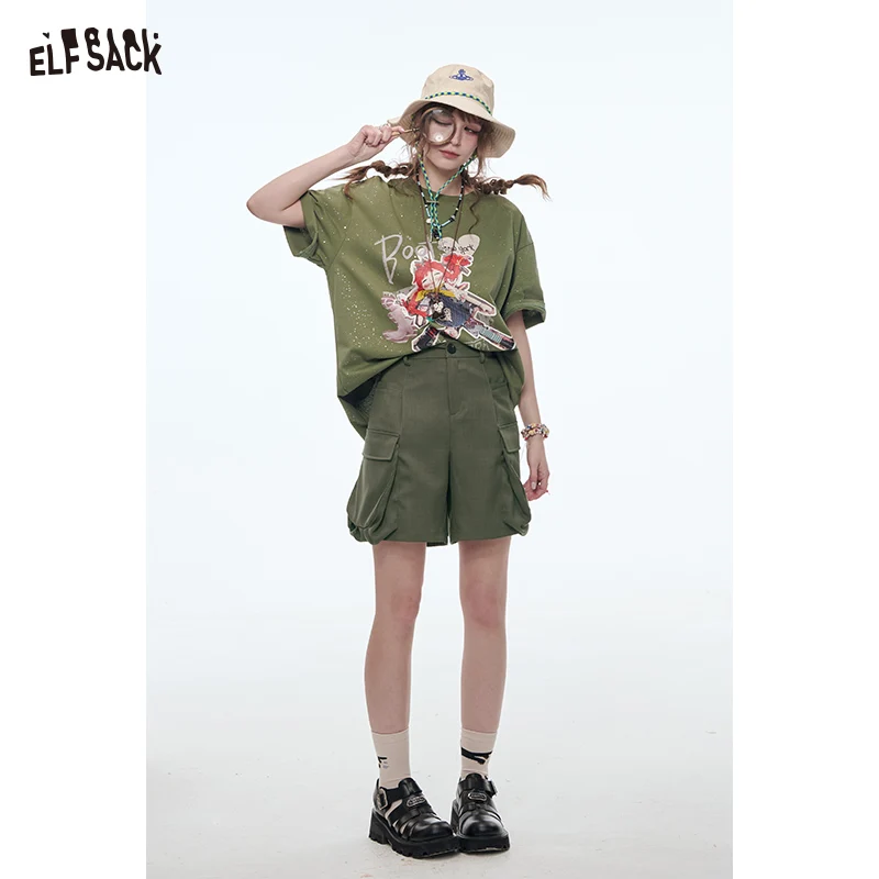 ELFSACK 2025 Spring New Arrivals Vintage Cargo Shorts Women Loose Wide Leg Shorts Casual Streetwear