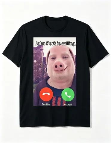 Men's Funny Meme Graphic T-Shirt, "John Pork Is Calling" Print Round Neck Short Sleeve Tee, Black Regular Fit Soft Casual Streetwear Top for Party Daily Wear