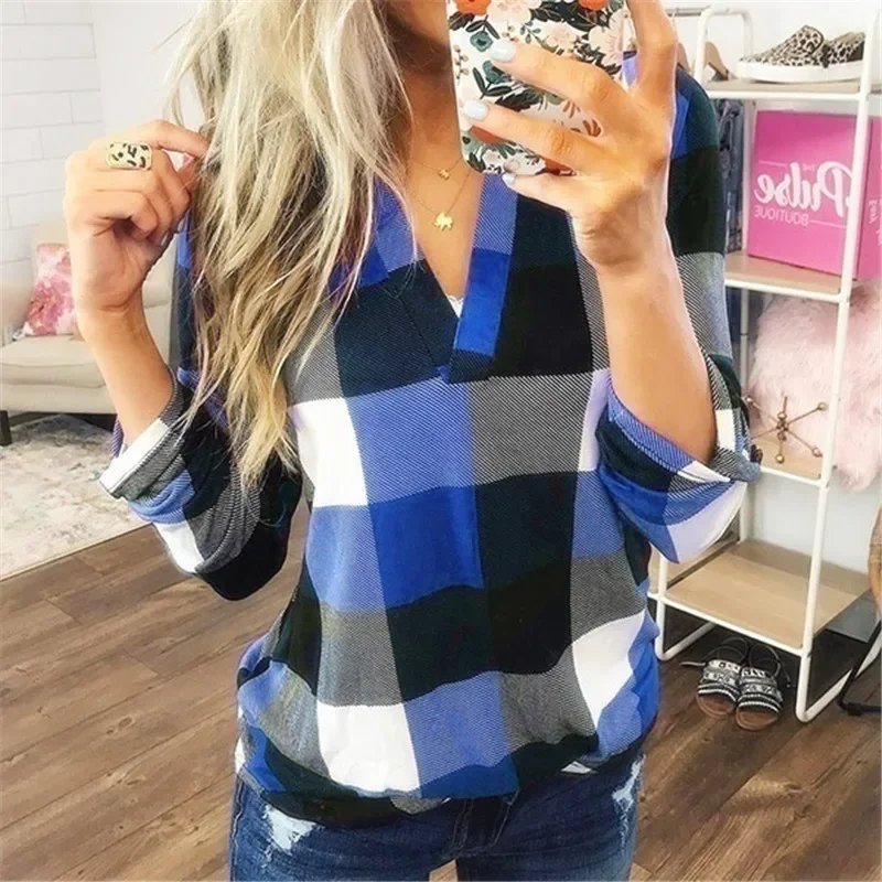 New Women\'s Plaid V Neck Long Sleeves Button Sleeves Micro Stretch Casual T-Shirt