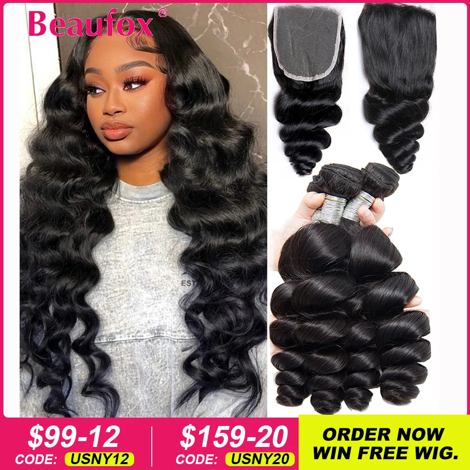 Beaufox Loose Wave Human Hair Bundles With Closure Indian Hair Weave 3/4 Bundles With Lace Closure Wavy Human Hair Extensions