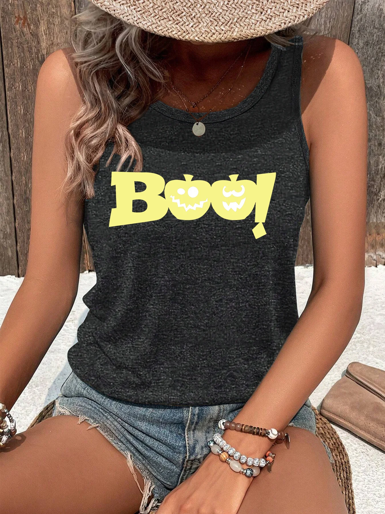 Happy Halloween Boo Lettering Print Fashion Funny Sports Women's Tank Top Loose O Neck Sleeveless Casual Tank