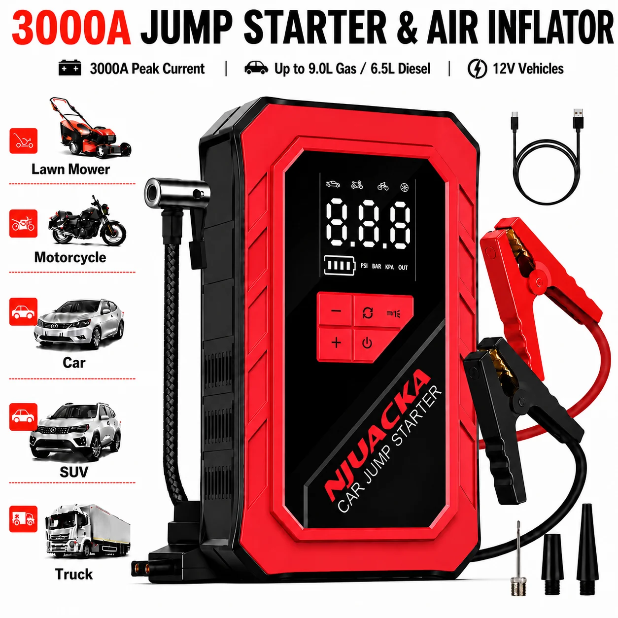 Portable Jump Starter - NJUACKA 3000A Peak 8-in-1 Tragbarer Auto-Starthilfe-Booster,